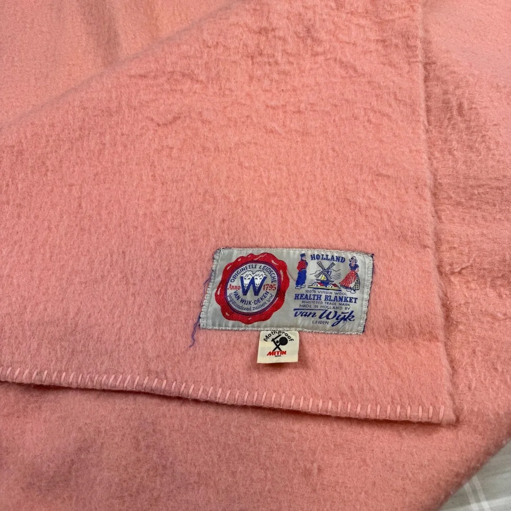 Vtg Van Wijk Deken 100% Virgin Wool Health Blanket Peach Pink Made in Holland